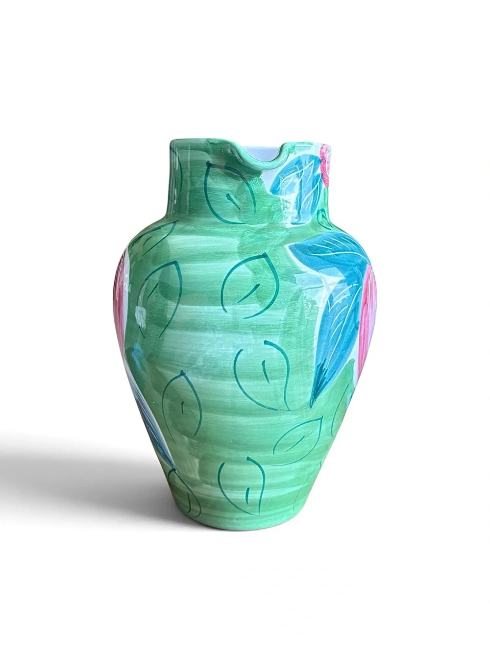 Pier 1 Hand-Painted Majolica Ceramic Pitcher in Pink and Green with Apple Motif